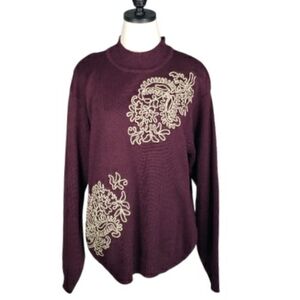 Vintage Alfred Dunner Wool Blend Mockneck Abstract Floral Embroidered Sweater XL